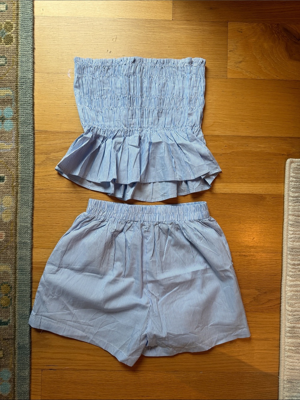 Light Blue Striped Smocked Tube Top & Shorts Set